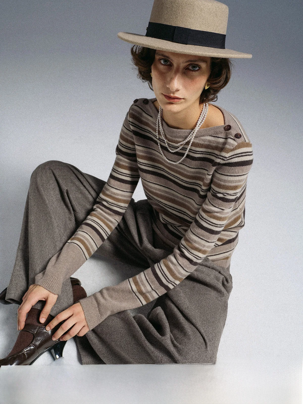 

Retro Striped Knit Sweater Camere Wool One-oulder Color Blo Soft Long Sve Women's Faion Warm Regular Fit Knitted Top