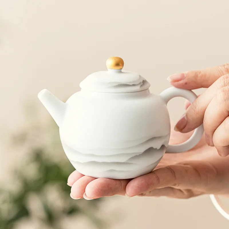 Ink Landscape White Jade Teapot High-End Single Teapot Chinese Kung Fu Tea Set Plain White Porcelain Pear-Shaped Pot Tea Kettle