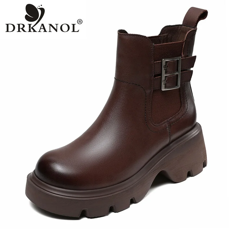 DRKANOL Retro Style Handmade Platform Boots Women Autumn Winter Thick High Heel Elastic Band Pull On Warm Ankle Chelsea Boots