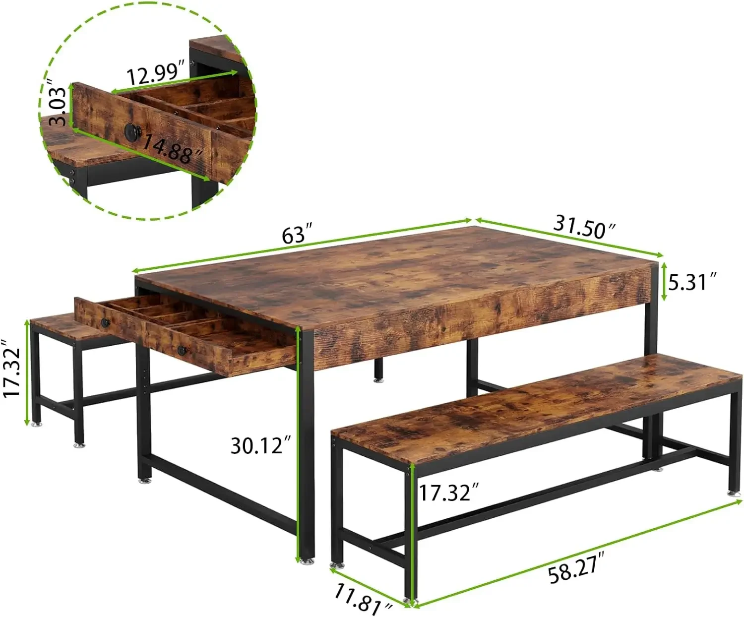 3-Piece Kitchen Table with 2 Utensil Drawers, 2 Benches & Wine Rack, Heavy Duty Dinner Table Set with Metal Frame & MDF Board