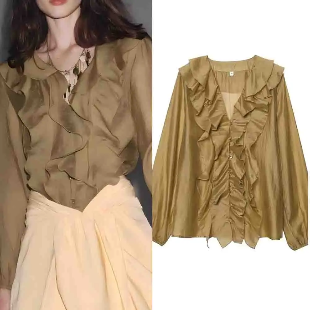 

Women's New Fashion layered decoration casual single breasted long sleeved shirt retro V-neck women's shirt chic top