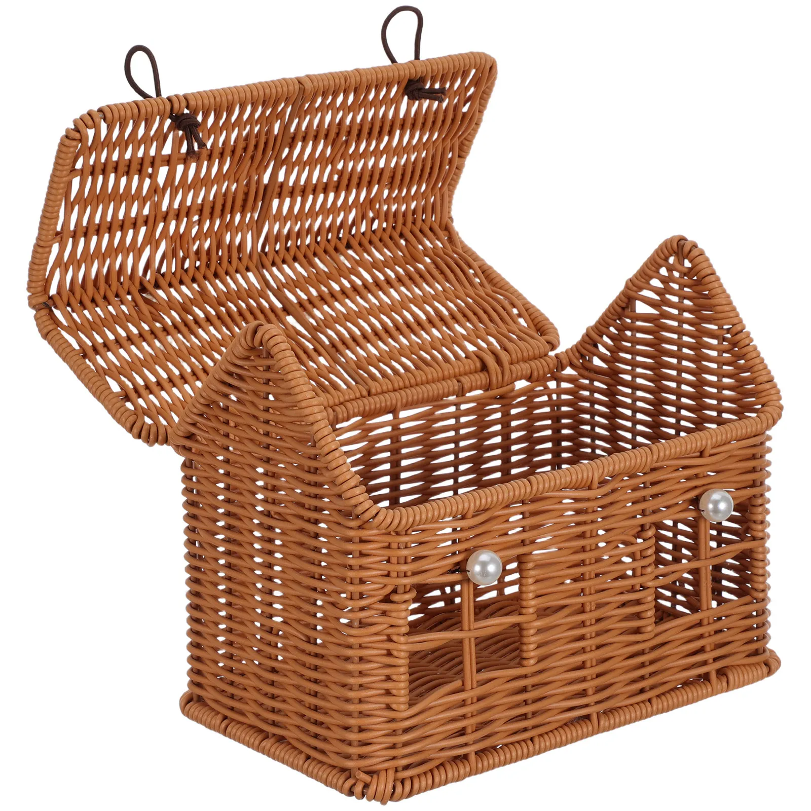 House Shaped Picnic Basket Plastic Rattan with Lid Pearl Handle Button Closure Wedding Flower Girl Basket Summer Beach Bag