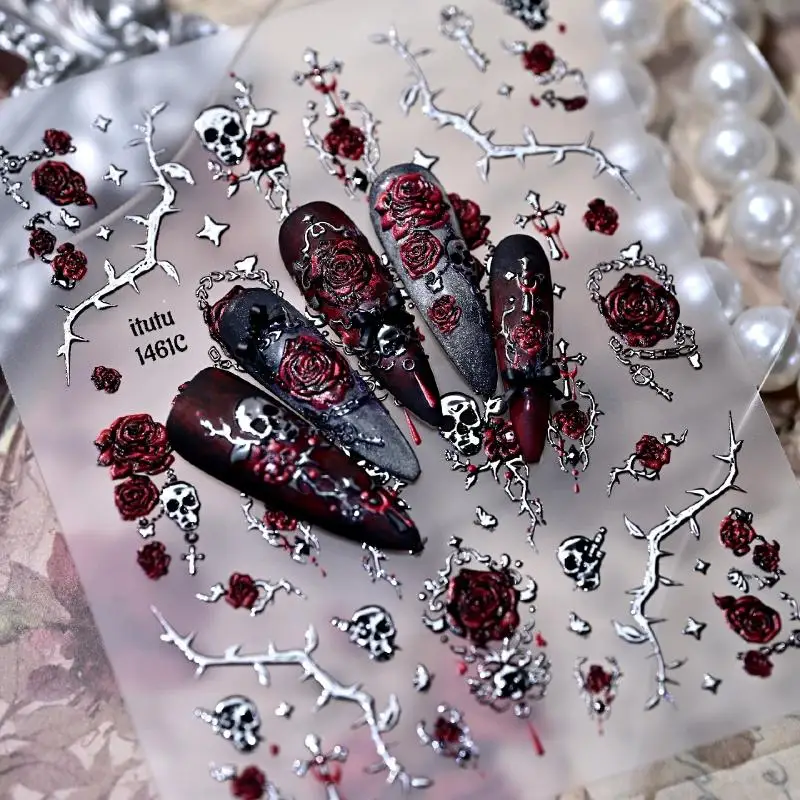 *Bronzing Gold Halloween Nail Stickers Skull Blood Rose Design Self Adhesive Nail Decals for Home DIY Manicure Party Use