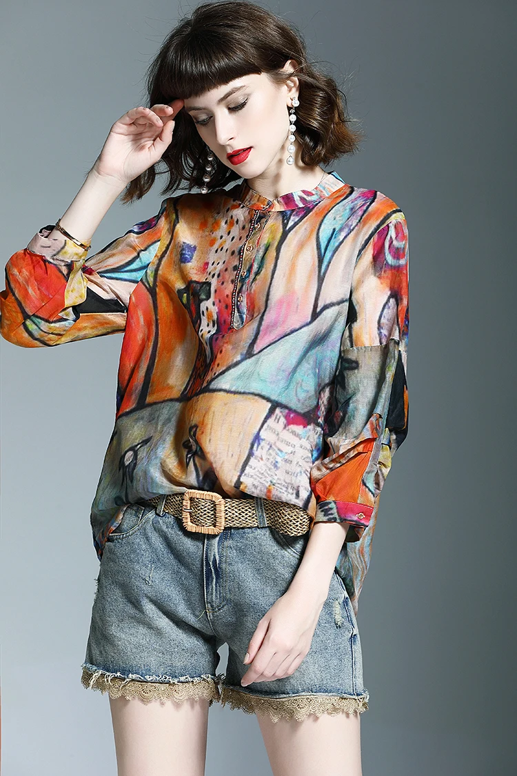 

Summer Fashion Women's Clothing Cheap free shipping Female Silk Printed Chiffon Shirt Top Fine Elegant Shirts and Blouses New