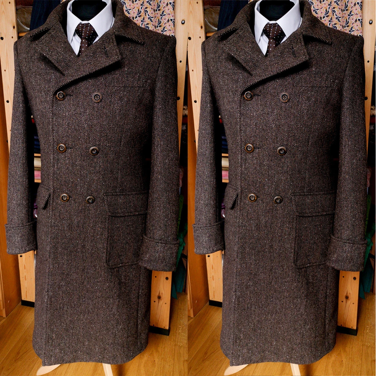 Herring Bone Men‘s Coat Double Breasted Wool Blend Vintage Warm Over Coat Formal Suit Tailored