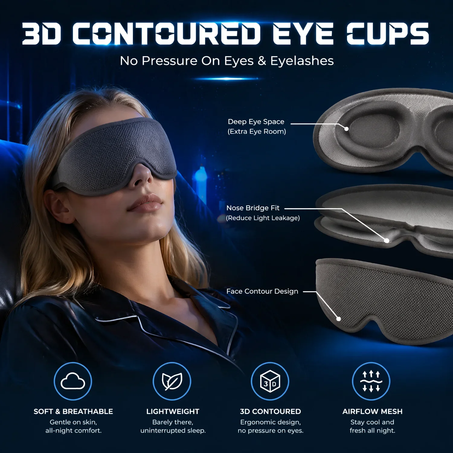 3D Blackout Sleep Mask Memory Foam Eye Mask Zero Pressure Eye Cup Sleeping Mask Light Blocking Travel Eye Cover Adjustable Strap