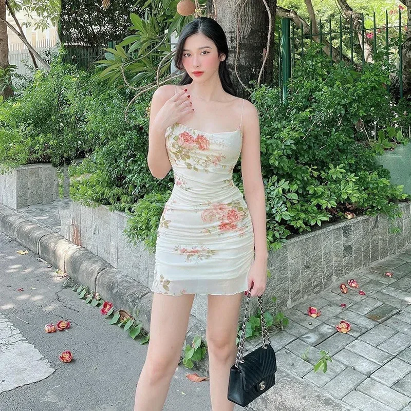 Women Sling Dress Sling Vintage Floral Ruched Mesh Package Hip Slip Dress Ladies Slim Party Club Bar Short Casual Outfits Summer