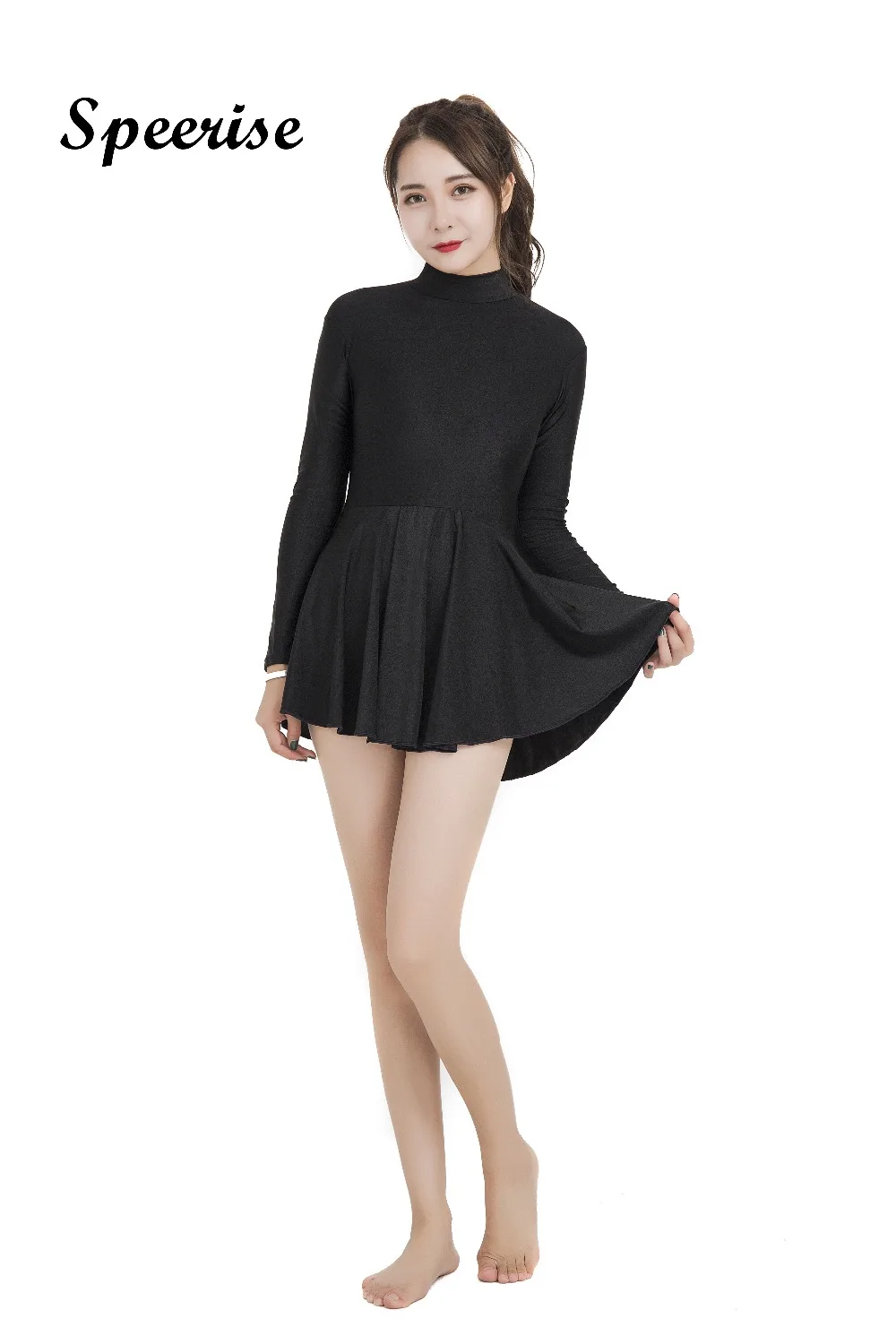 Speerise Women Turtleneck Long Sleeve Skirt with Leotard Adult Ballet Dance Gymnastic Dress Scoop Neck Gymnastics Costume 발레