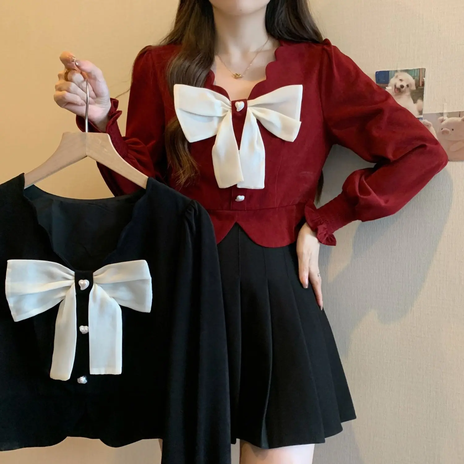 Long Sleeved Shirt for Women in Plus Size Slightly Overweight and Slim French Bow Top Short and Beautiful Small