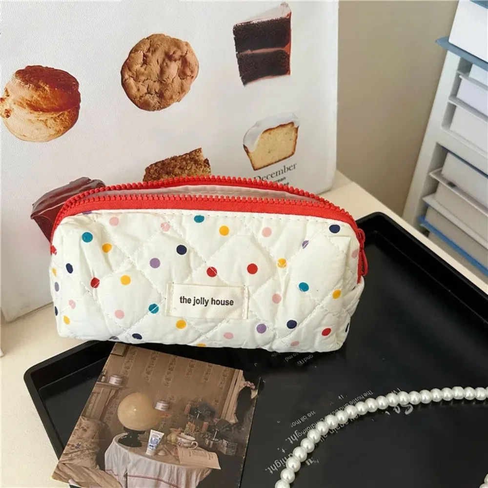 Fashion Canvas Floral Pencil Bag Large Capacity Students Dots Pen Pouch Sweet Stationery Makeup Storage Bag Study Supplies