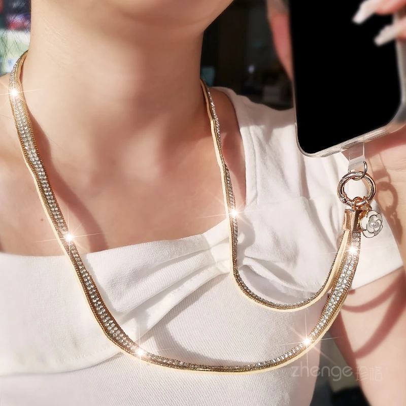 Rhinestone Edge Phone Neck Strap Camellia Pendant Detachable Phone Tab Long Hanging Lanyard