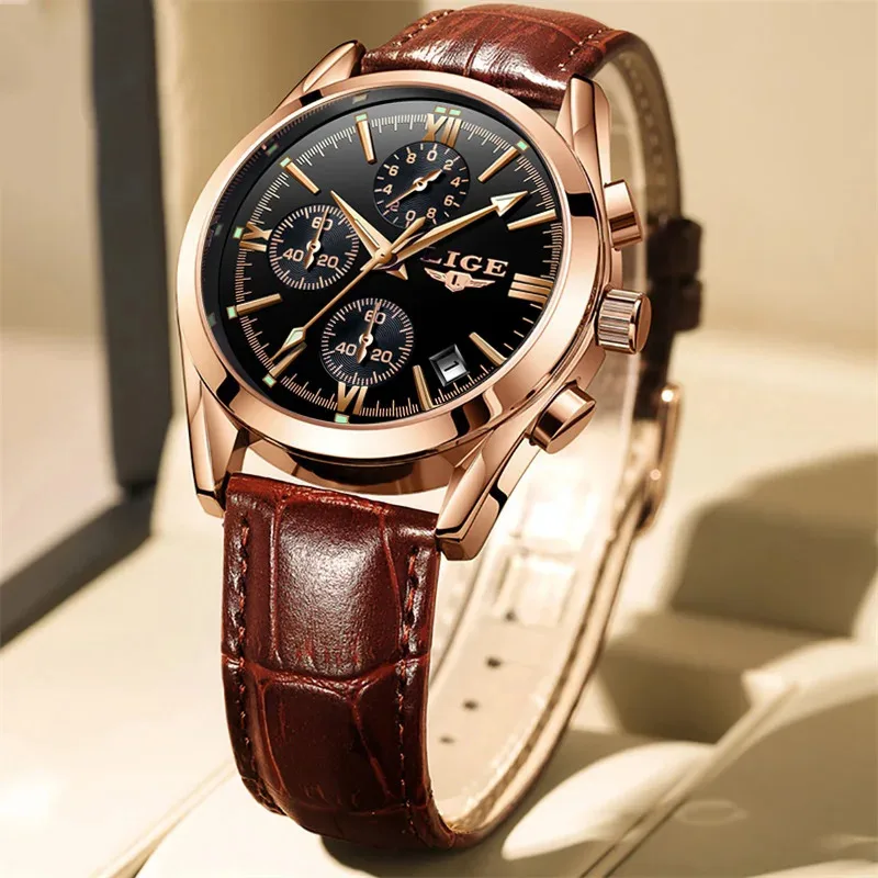 LIGE-Montre à Quartz Militaire de Luxe pour Homme, Grand Chronographe, Étanche, Originale, Décontractée, dehors, avec Boîte