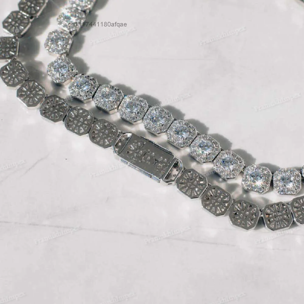Round Cut Moissanite Tennis Necklace Fully Iced Out Micro Diamonds Bust Down Trendy Hip Hop Jewelry for Mens.