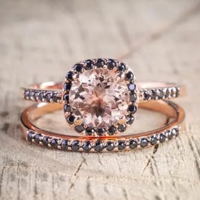 Hot Sale Round Zircon Women's Ring Set Stacked Ring Rose Gold Jewelry Two-piece Set