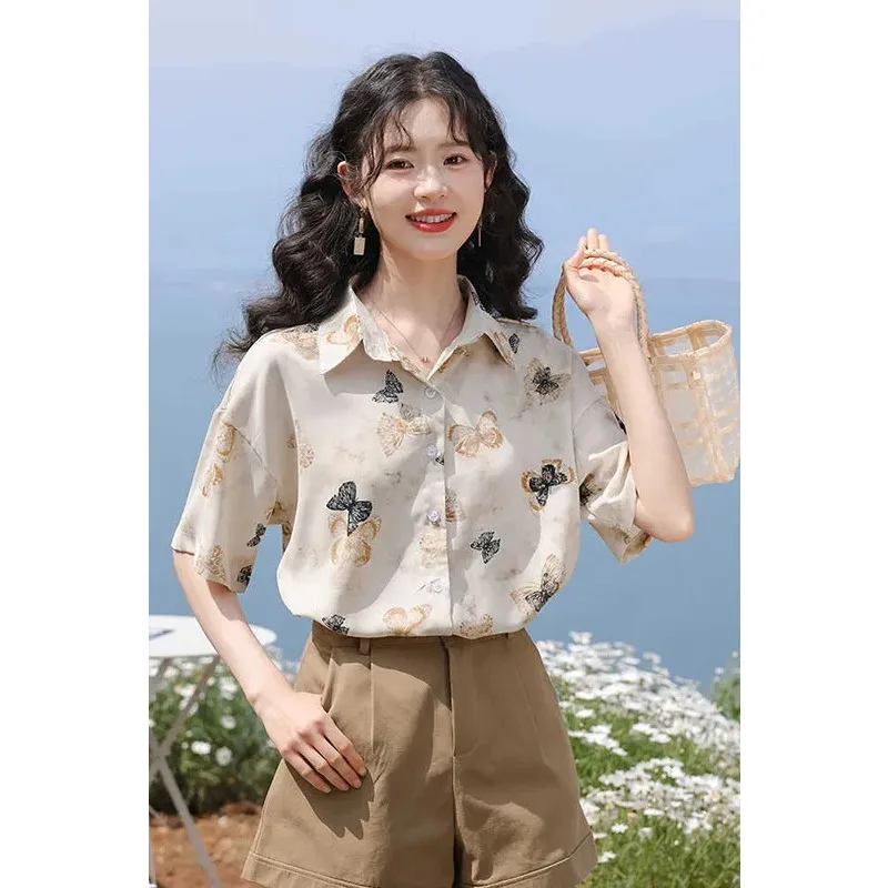 Women Retro  Print Ice Silk Short Sleeve Shirt Loose Casual Vaion Blouse Plus Size