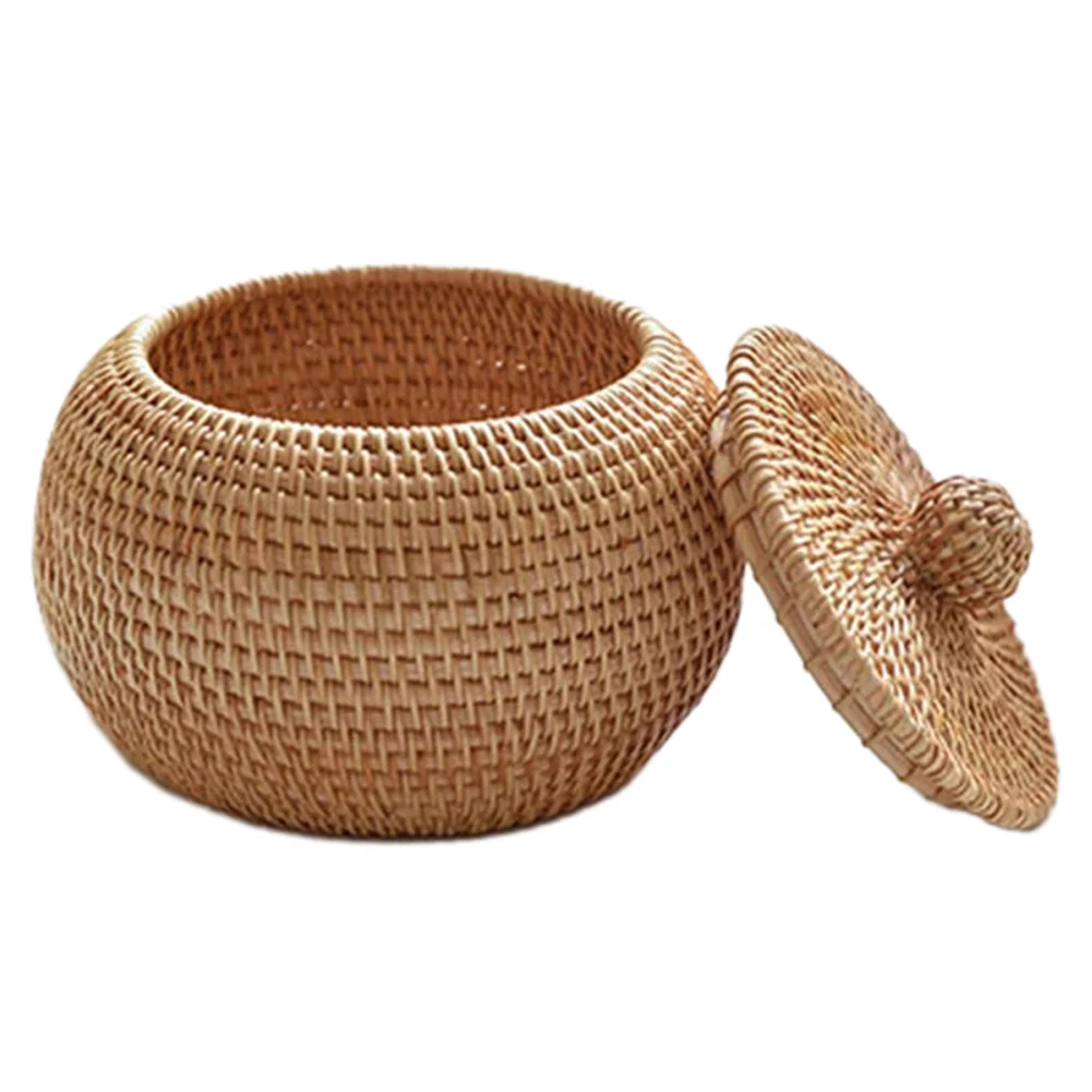 Cesta de almacenamiento de mimbre con tapa, cesta redonda para frutas, cesta de almacenamiento tejida a mano ligera de ratán Natural, caja de aperitivos para artículos diversos para el hogar