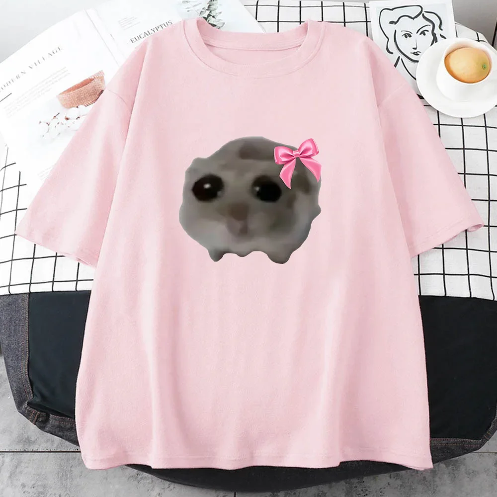 2024 Sad Hamster Tshirt Cartoon Graphic Printed Tee-shirt Pink Summer Comfortable Tshirt Streetwear Short Sleeve Women Men Tee