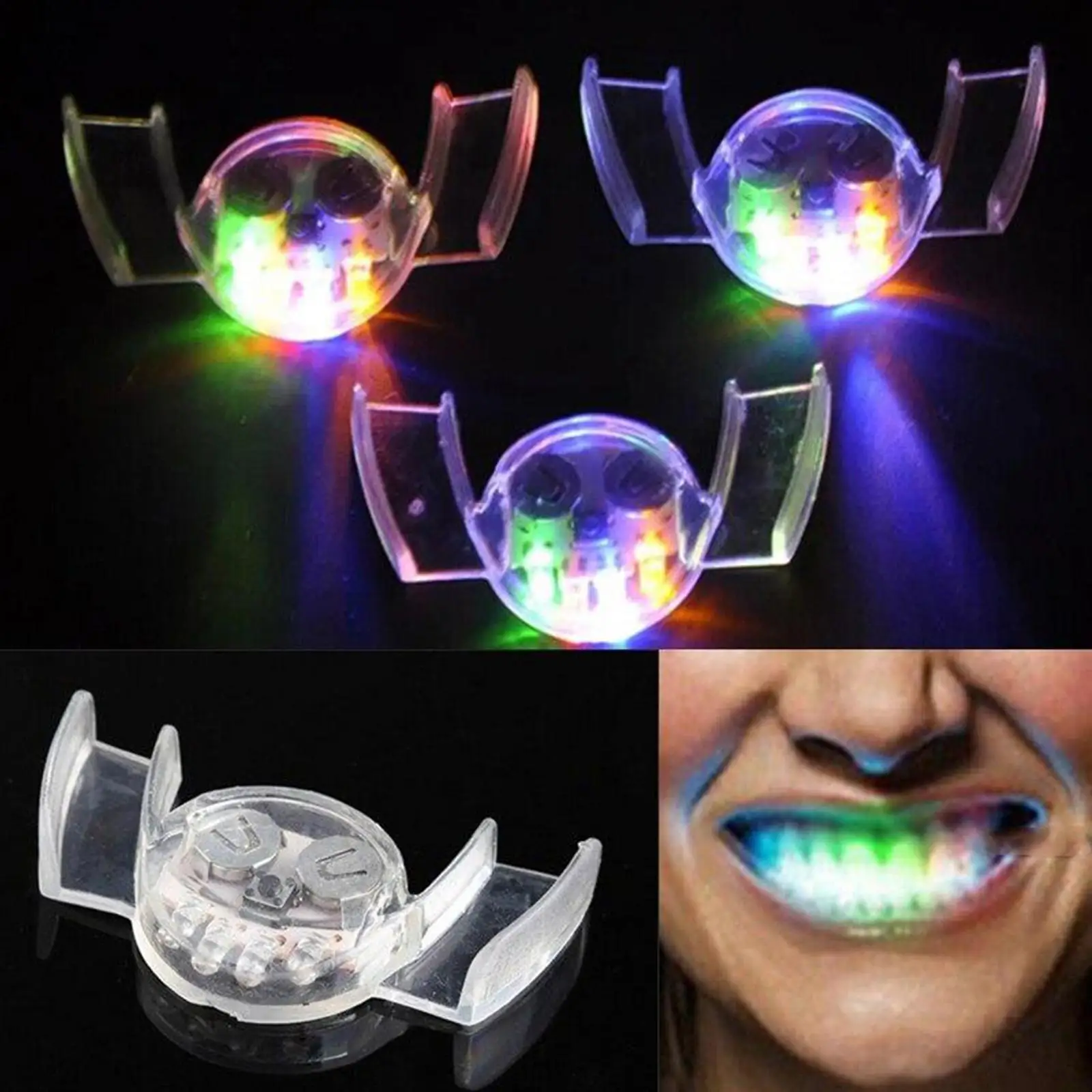 Tirantes brillantes para Halloween, cubierta de dientes LED intermitente, luz LED divertida, dientes brillantes, suministros para fiesta de dentadura noctilucente, 2 piezas