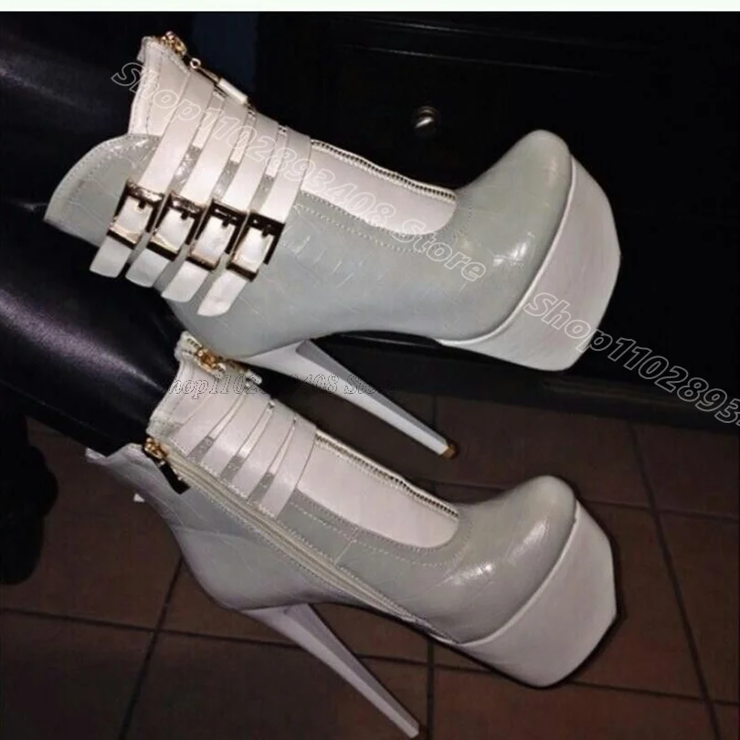 

Bicolor Zip Platform Patent Leather Boots Ankle Buckle Round Toe British Style Dress Party Women Short Boots Zapatos Para Mujere