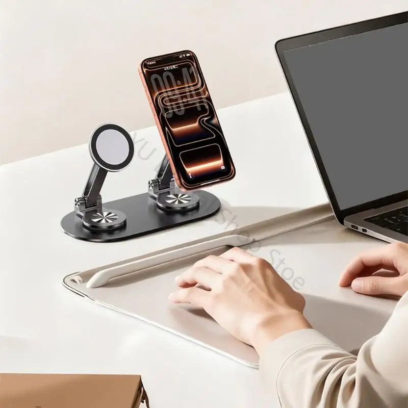 96BA Doppelter magnetischer Telefonständer mit 360-Grad-Drehung und faltbarem Design, Aluminium-Handyhalter für drahtlose und – Detail 9