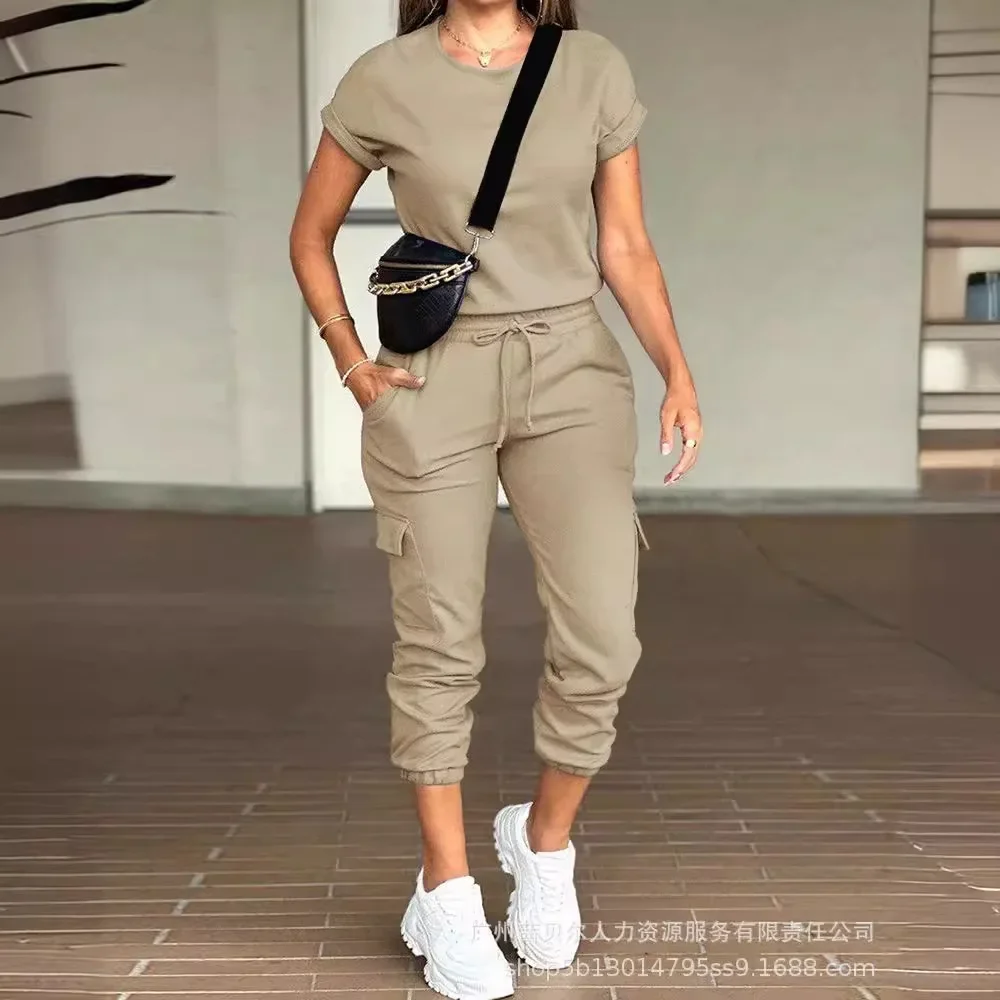 Women\'s Clothing Solid Color Round Neck Short Sleeve T Shirt Top Multi-Pocket Cargo Pants Clothes Set