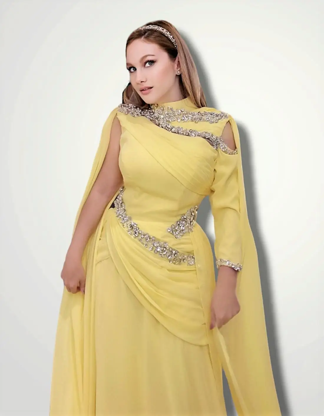 Arabia Bright Yellow Evening Dresses Cut-out High Neck Rhinestone Pearls Shawl Cape Floor Length Luxury Formal Prom Dresses