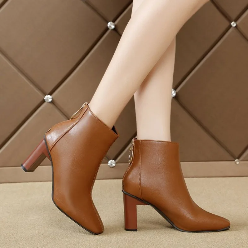 Women's Square Head pu Boots Autumn Back Zipper Party High Heels Thick Heel Solid Color Walking Shoes Botas Para Mujer