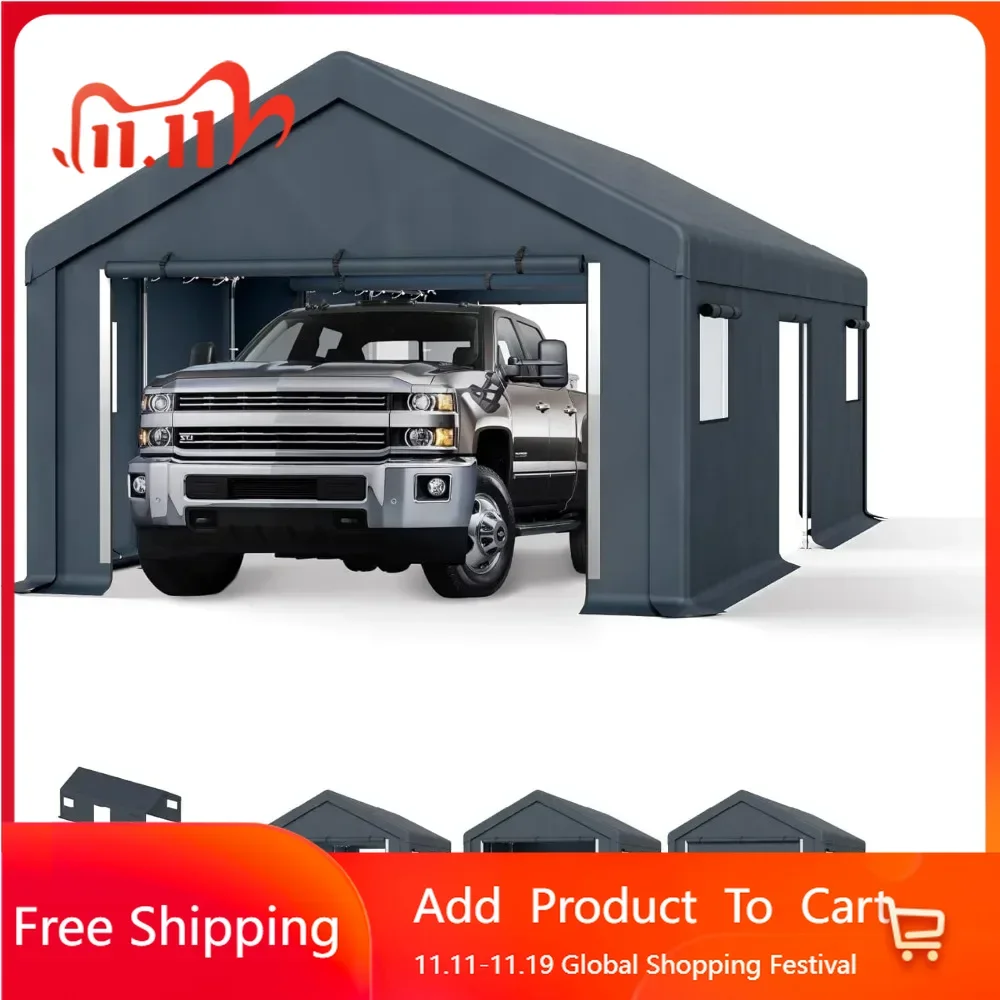 13x24x9.6 outdoor portable storage shed garage with rolled up zipper doors and ventilation openings, waterproof and UV resistant