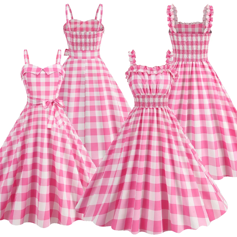 Female Margot Cosplay Costume Summer Pink Plaid High Waist Dress Movie Barbei Fantasy Halloween Carnival Party Clothing Suit