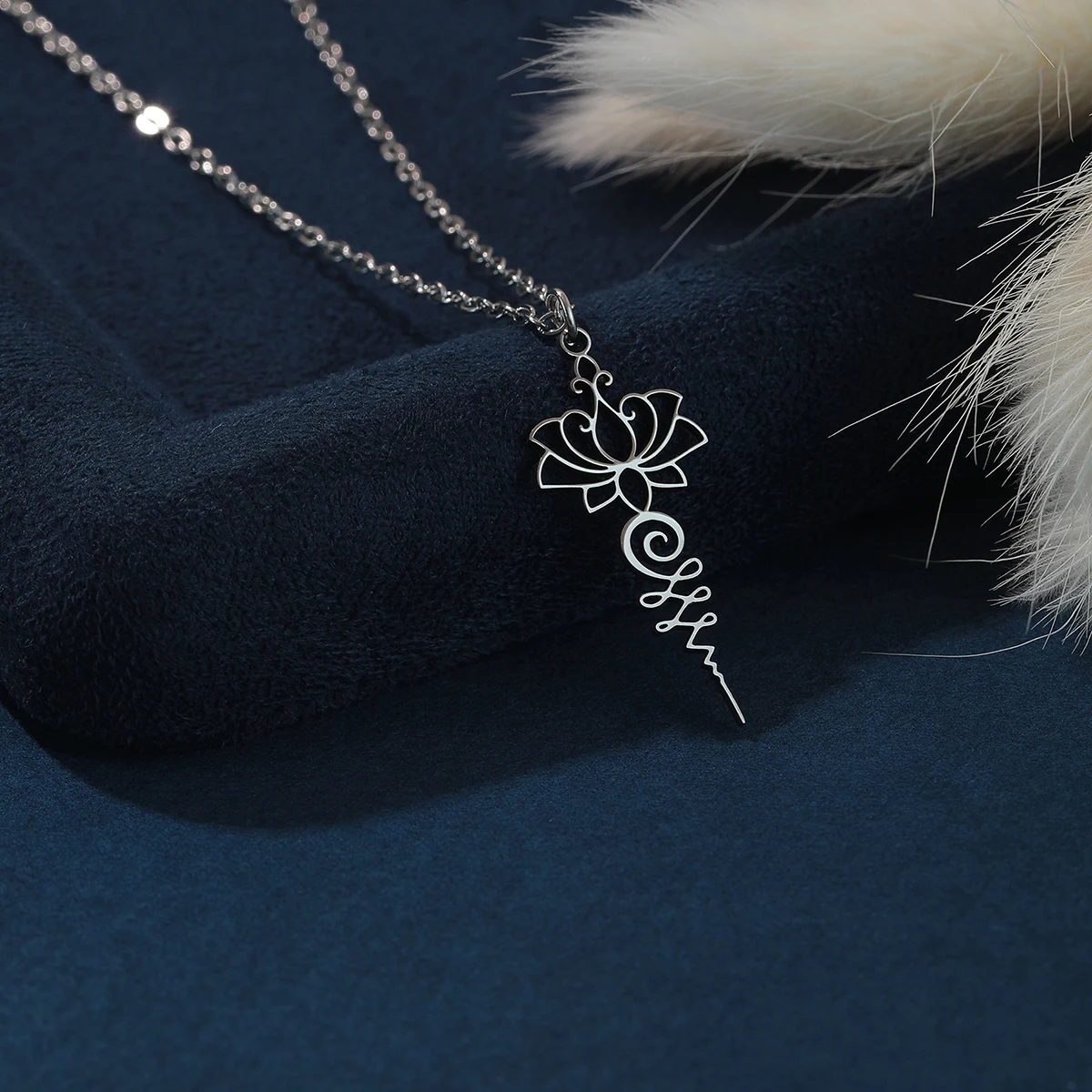 Kinitial Stainless Steel Lotus Unalome Necklace Yoga Healing Necklace for Women Breathe Meditation Amulet Pendant Jewelry