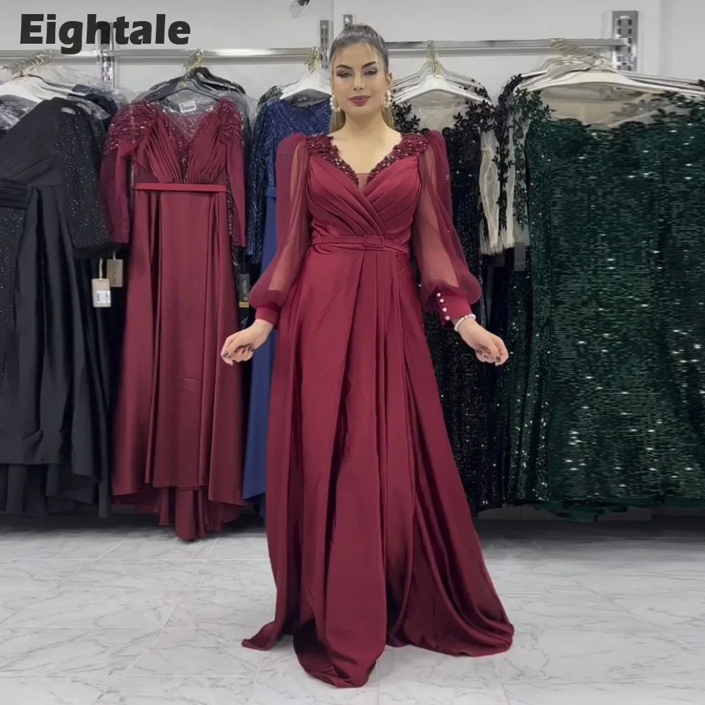 Eightale Burgundy Evening Dresses V-Neck Appliques Beaded Customized Satin Long Sleeves Arabic Party Prom Gown Vestidos De Noche