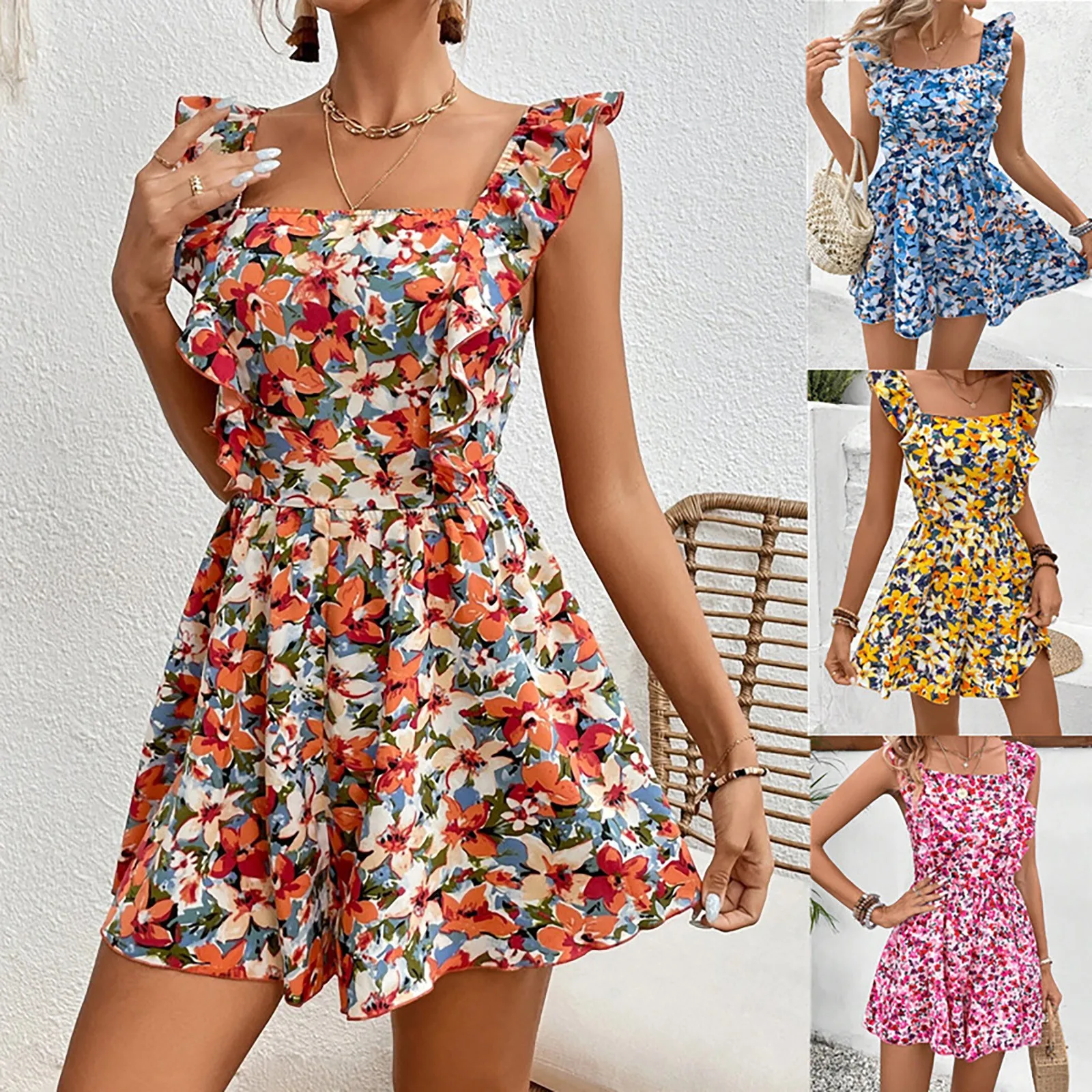 Women Boho Print Mini Dress Summer Elegant Sleeveless Ruffle A Line Tank Dress Casual Loose Beach Party Sundress vestidos