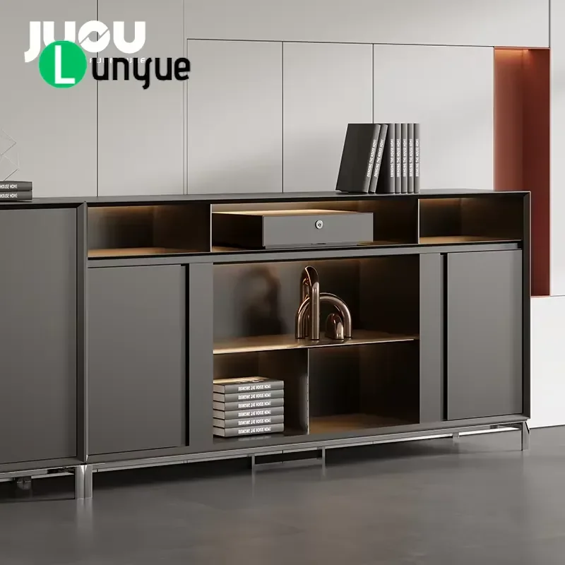 Modern E0 Grade Particle Board Bookcase with Metal Legs Luxury Office File Storage Cabinet Ambient Light Home Furniture