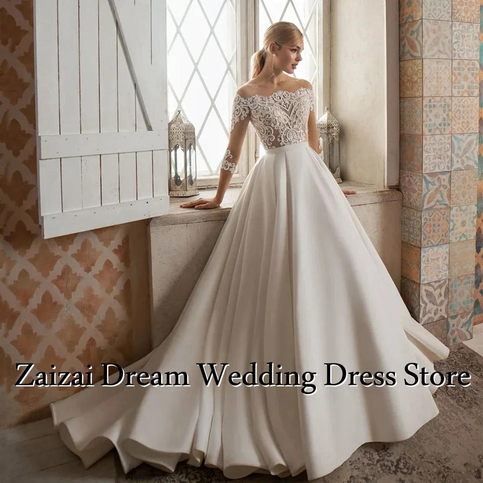 فساتين زفاف فاخرة مخصصة على شكل حرف a من الساتان قبالة الكتف زي العرائس حفلة التطهير طول Vestidos De Novia