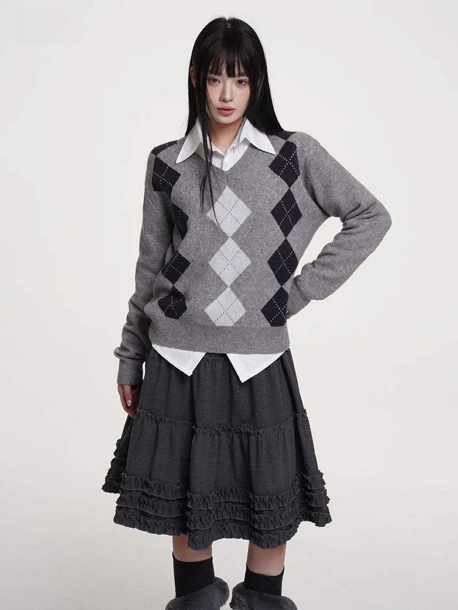 

Женский вязаный свитер Vee2, осенне-весенняя верхняя одежда, серия College Sle Miu, с ромбовидным узором, V-образный вырез, длинный рукав, стандартный крой