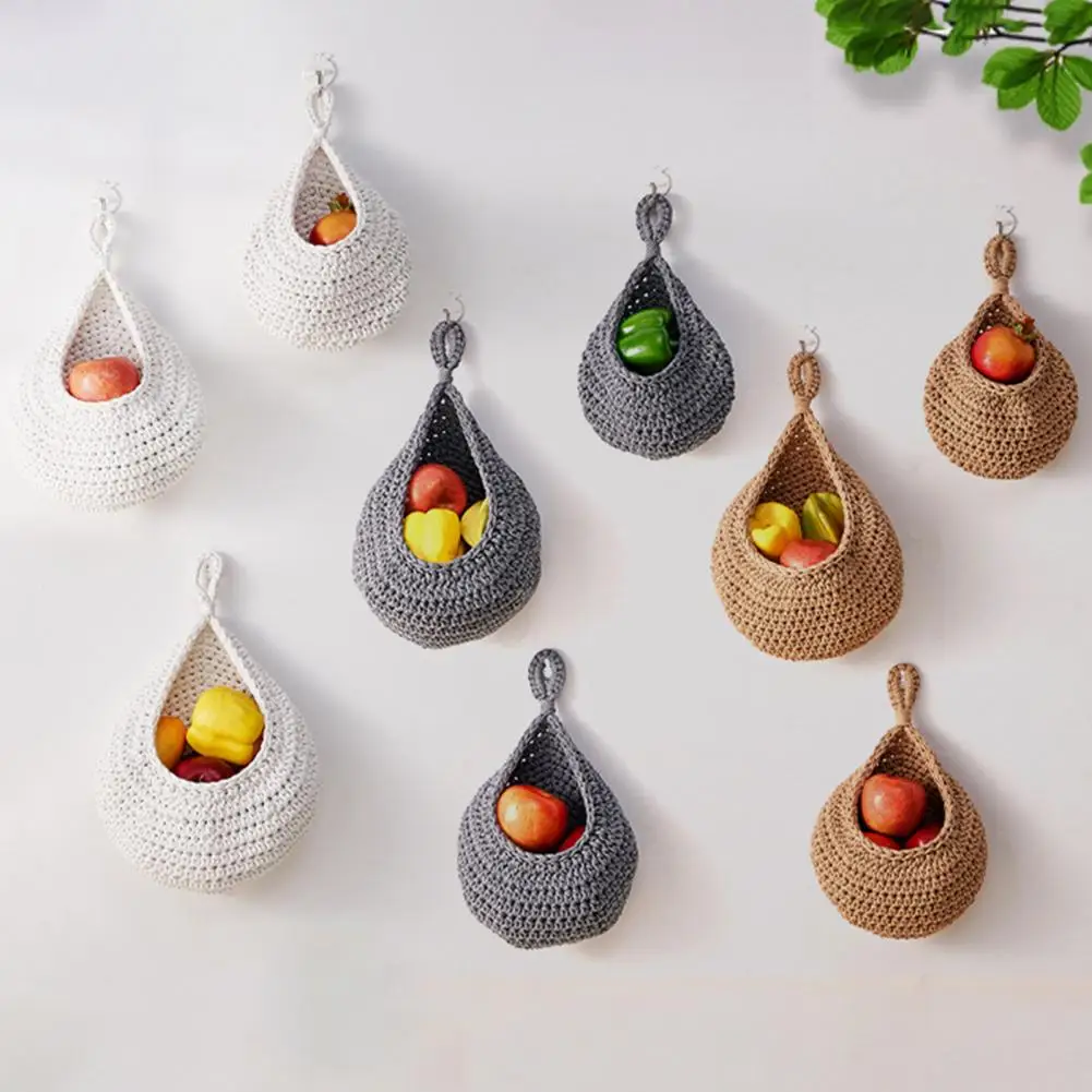 Mesh Fruit Rack Boho Wall Hanging Fruit Baskets Set for Kitchen Organization Handwoven Teardrop Storage Baskets Fruit Organizer