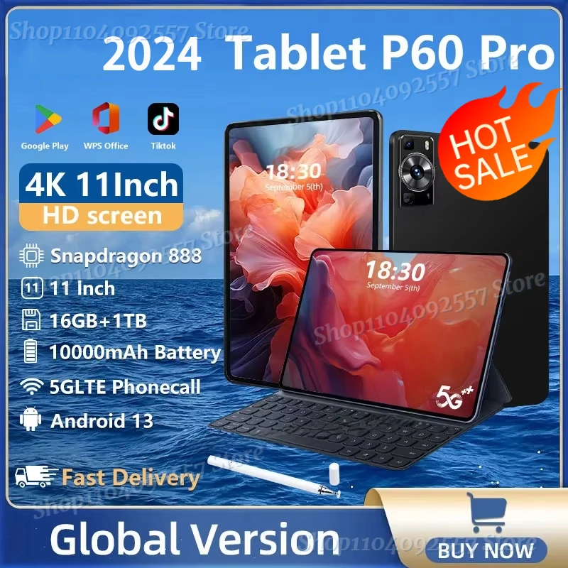 2024 Tablet Original P60 Pro Tablets Android 13 16GB 1TB 11 Zoll Snapdragon 5g Dual-SIM-Karte Telefonanruf WiFi HD 4k Tablet