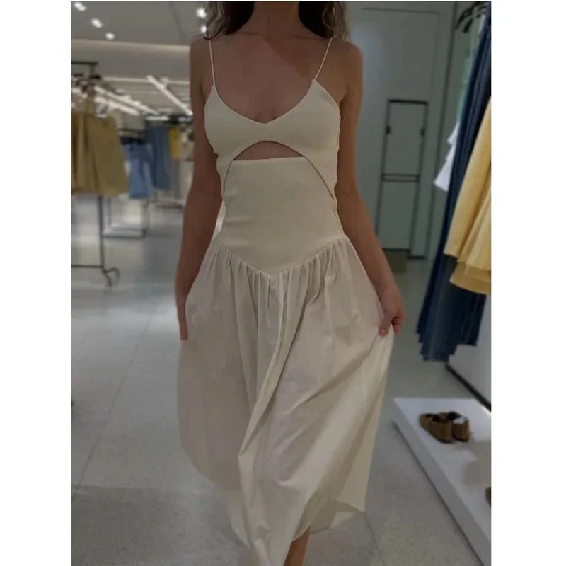 Women's Summer Fashion Sleeveless V-Neck Pleated Midi Dress Backless Opening Design Solid Color Party Suspender Dress
