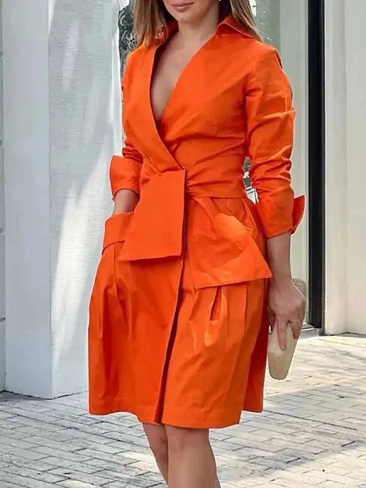 

Yeezzi Office Lady Stylish Solid Color Tied Waist Deep V-Neck Work Dress 2024 New Spring Autumn Long Sleeves A-Line Mini Dresses