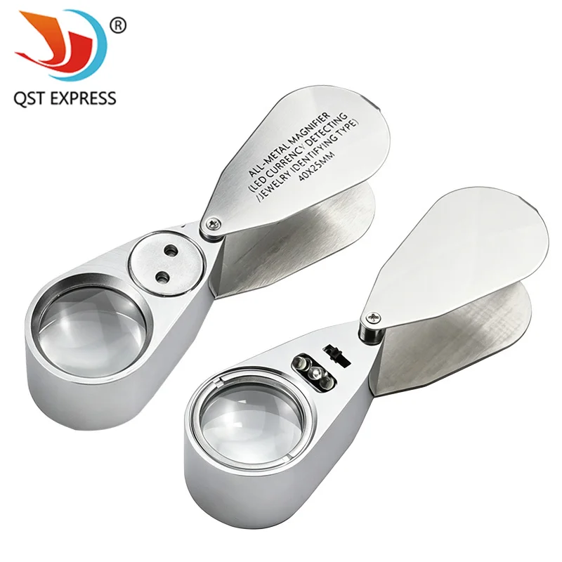 40X 25mm All‑Metal Foldable Magnifying Glass Loupe with LED UV Light Portable Jewelry Identifier Currency Check Magnifier