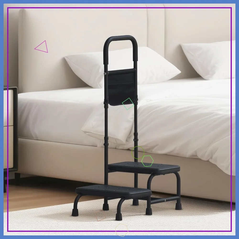 

2 Step Stool with Handle for Elderly Adults, Portable Footstool for High Beds, Non-Skid Platform, Adjustable Handrail (Black)