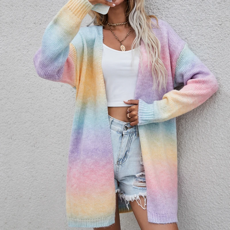 Autumn vintage cardigans winter new women\'s sweater 2022 new pockets rainbow tie-dye mid-length cardigan knitted sweater jacket