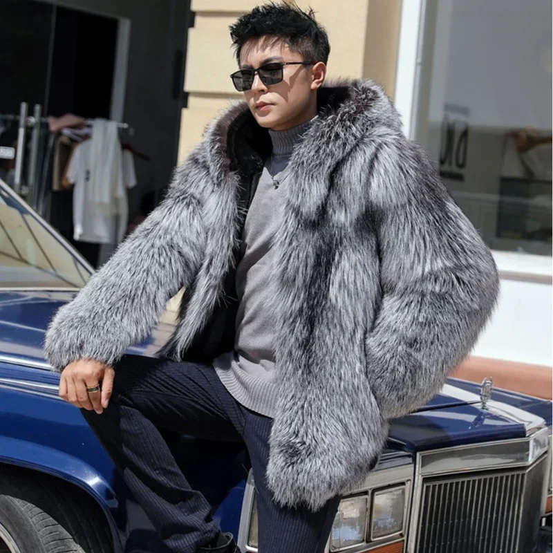 Men Jacket Winter Warm Hooded Fur Men Mink Fur One Piece Coat Silver Fox Fur Coat