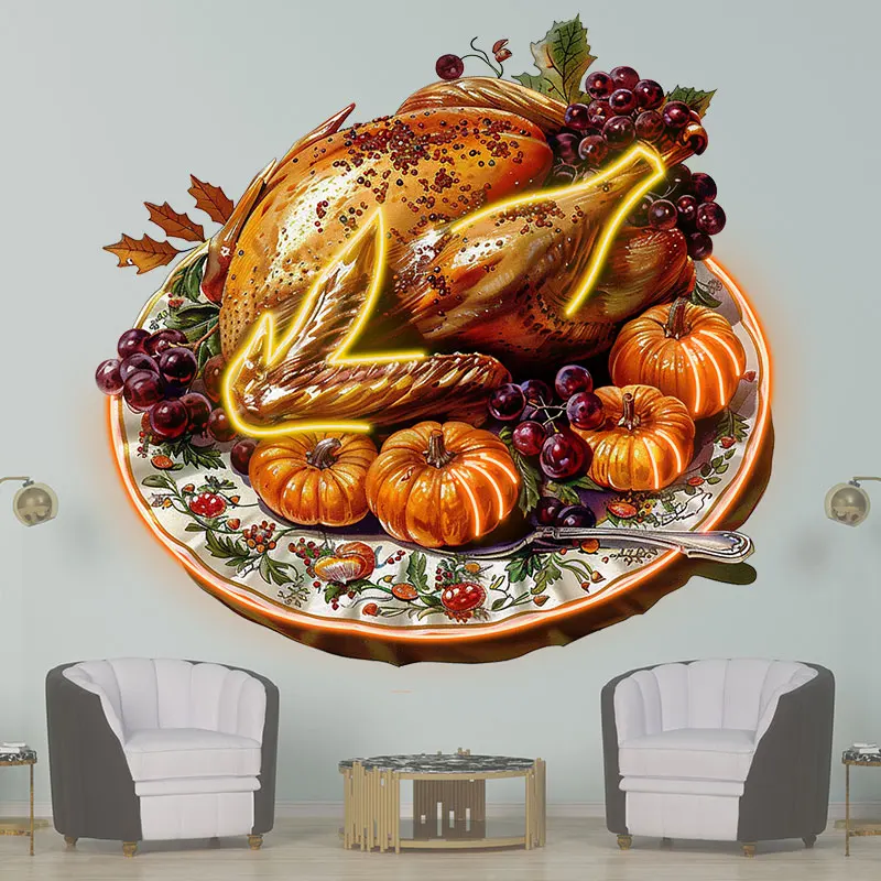 Thanksgiving Turkey and Pumpkin Neon Light Sign - Festive Feast Design with Grapes and Pumpkins, Perfect for Holiday & Autumn