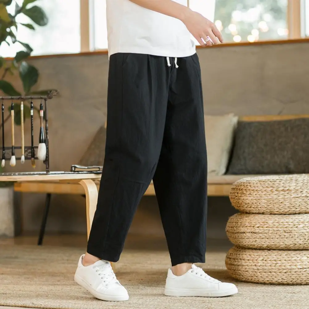 Straight Leg Trousers Men Lace-up Waist Trousers Men's Loose Straight Drawstring Ninth Pants with Elastic Waist for Daily