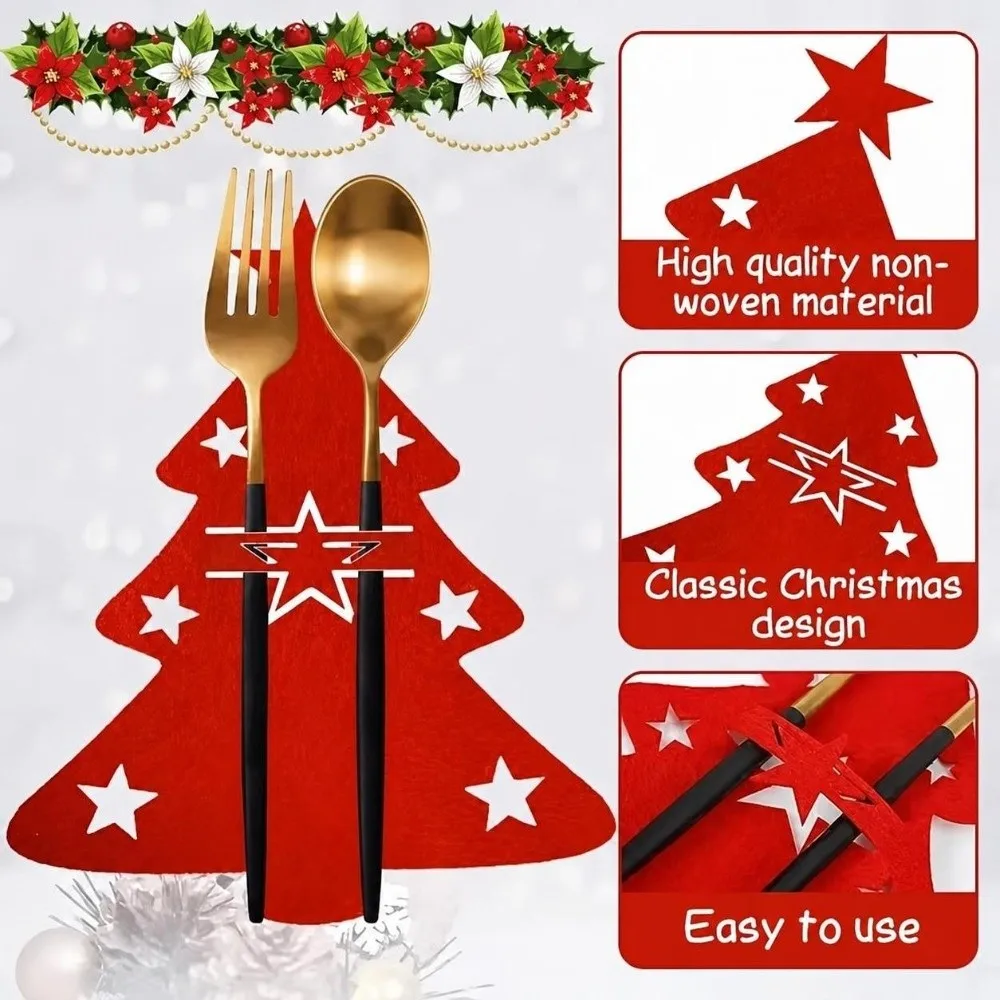 Tree or Reindeer Shape Christmas Cutlery Holders Red Flat Silhouette Christmas Utensil Pockets Cutlery Slot