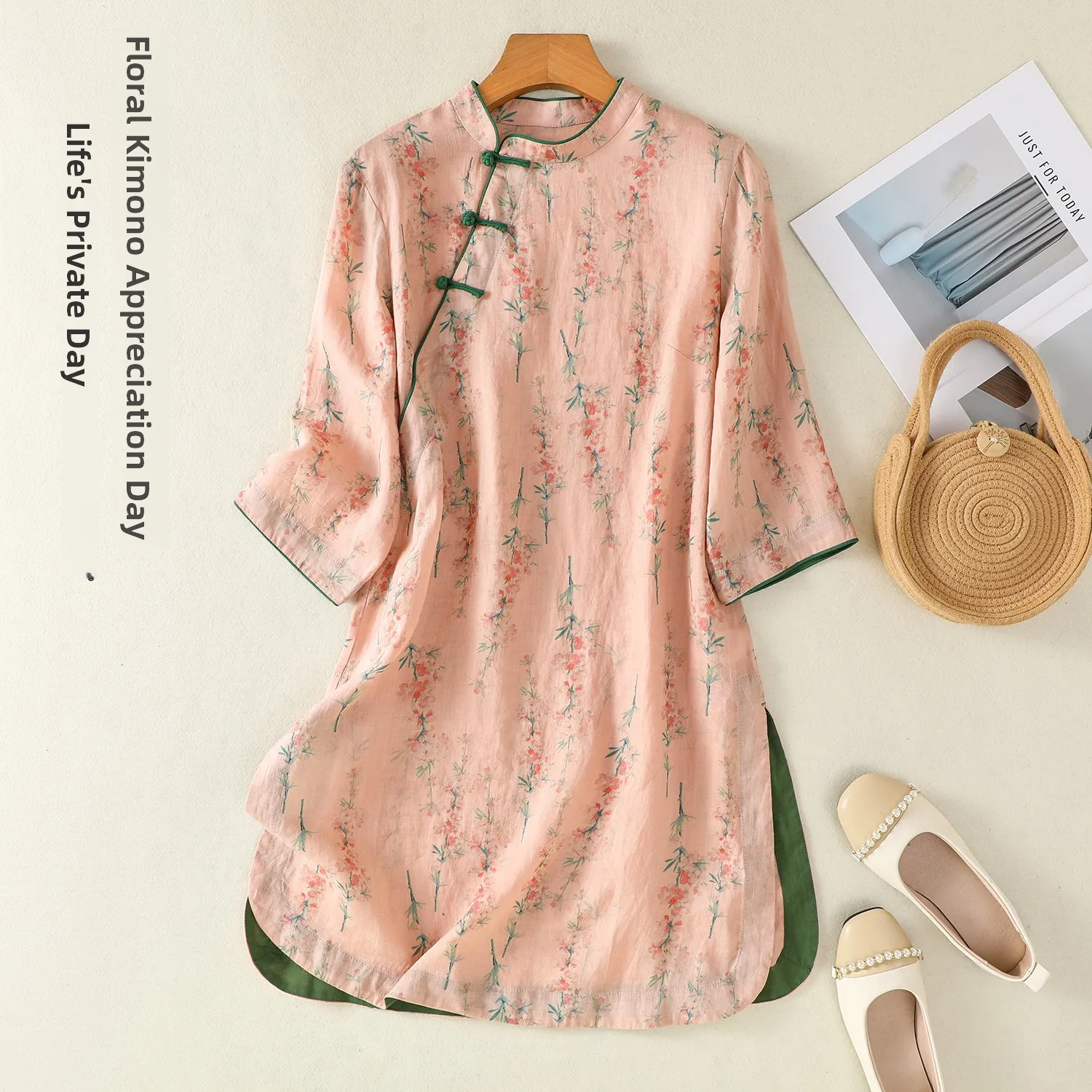 

Revised Chinese National Style Women's Retro Cotton Linen Button Side Slip Loose Cotton Linen Zen Clothes Ethnic Style