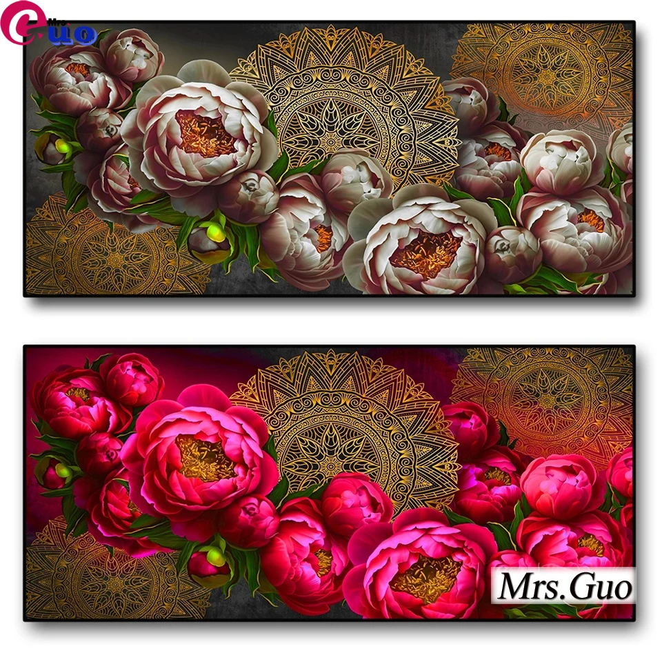 Vintage Pattern Art Diamond Painting 5d Golden Mandala And Red Rose Flower Coexisting Wall Art As A Living Room Decoration