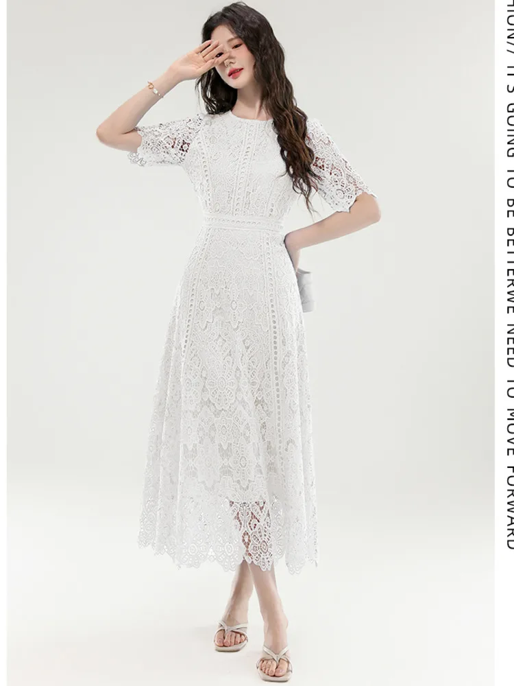 อารมณ์ Vintage Holiday Lace Hollow Out ชุดราตรีสําหรับสตรีฤดูร้อน Slim Elegant แขนสั้นชุดยาวเสื้อผ้าหญิง