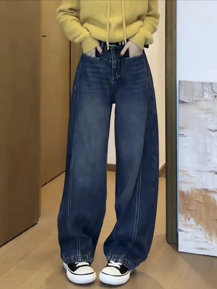 

Джинсы прямого кроя с высокой талией больших размеров для женщин, весна-осень, свободные широкие брюки для фигуры «груша», утягивающие брюки